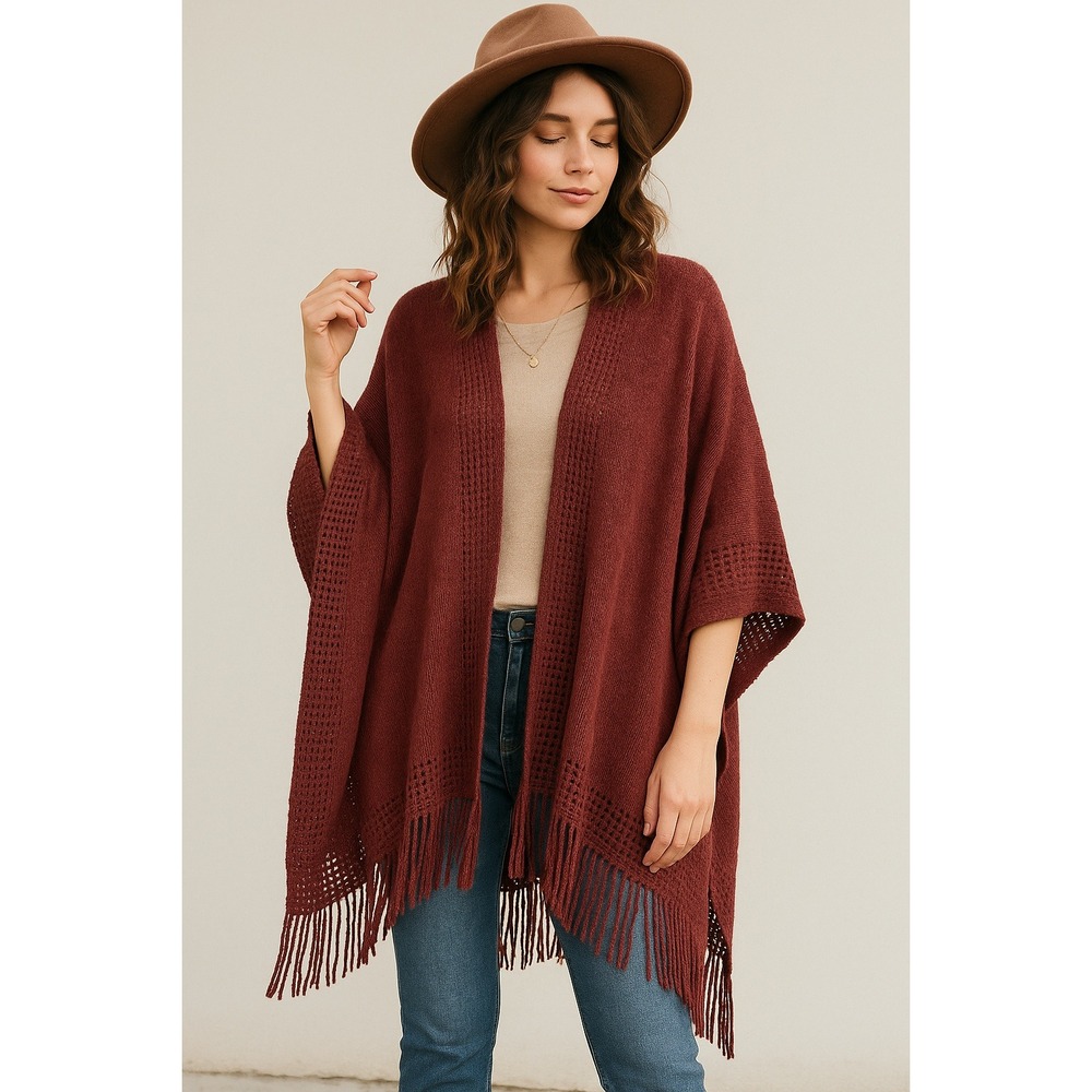 Max Edition Burgundy Fringe Knit Poncho Cardigan OS Boho Hippie‎ Western Chic